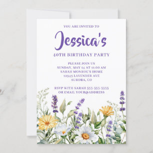 Wildflowers Watercolor Border 40th Birthday Invitation