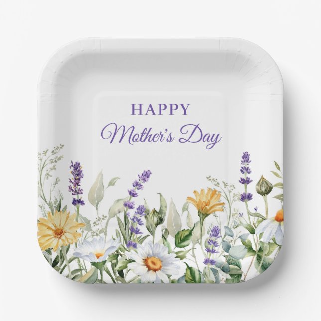 Wildflowers Watercolor Border Happy Mother's Day Paper Plate (Front)