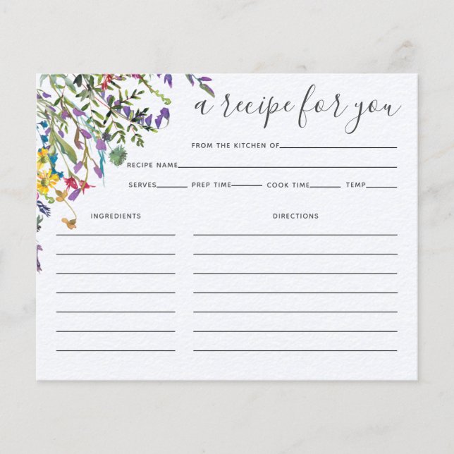 Wildflowers Watercolor Bridal Shower Recipe Card (Front)