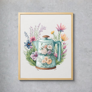 Wildflowers Watercolor Colourful Coffee Kettle Poster