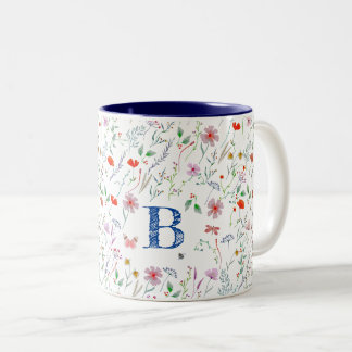 Wildflowers watercolor cute monogram name floral  Two-Tone coffee mug