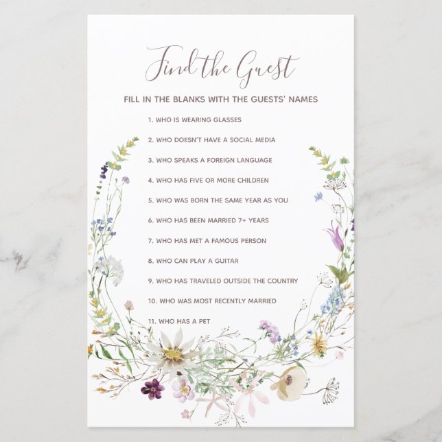 Wildflowers Watercolor Find the Guest game (Front)