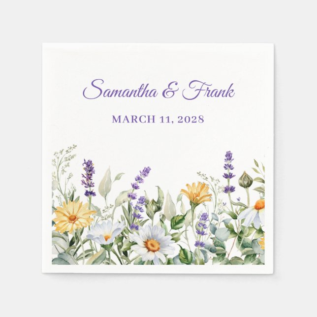 Wildflowers Watercolor Floral Border Wedding Napkin (Front)