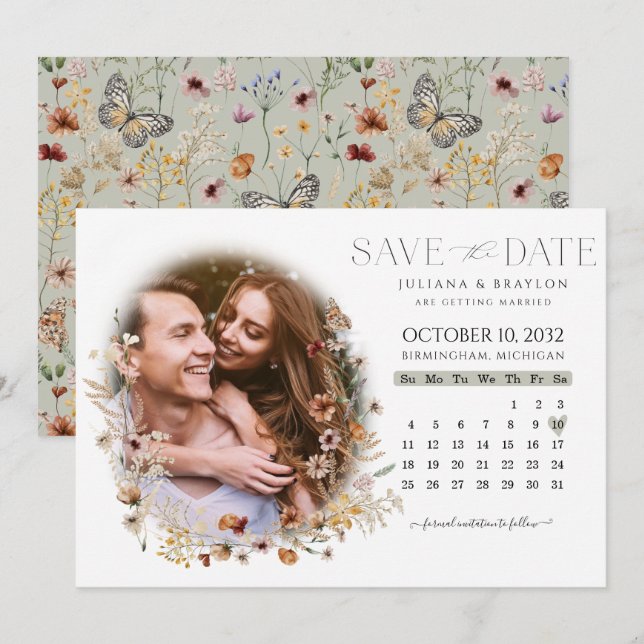 Wildflowers Watercolor Floral Calendar & Photo Save The Date (Front/Back)