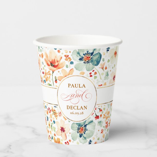Wildflowers Watercolor Floral Elegant Boho Wedding Paper Cups (Front)