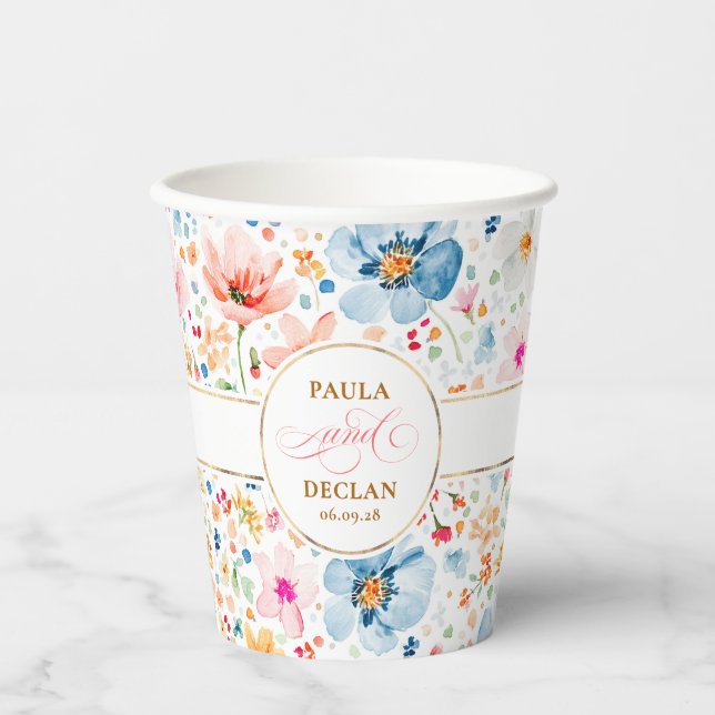Wildflowers Watercolor Floral Elegant Boho Wedding Paper Cups (Front)