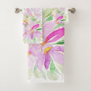Wildflowers Watercolor in Pink, Yellow, Green Bath Towel Set