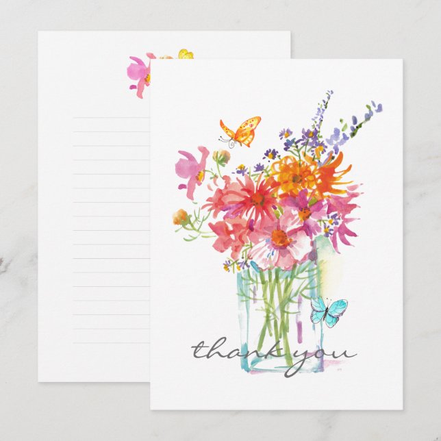 Wildflowers Watercolor in Vase Flat Thank You Card (Front/Back)