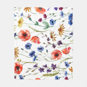 Wildflowers Watercolor Poppy Chamomile Background Fleece Blanket