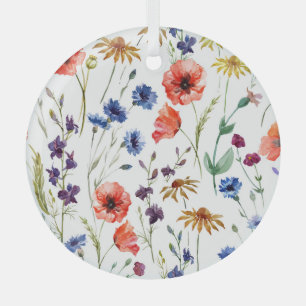 Wildflowers Watercolor Poppy Chamomile Background Glass Tree Decoration