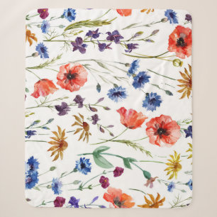 Wildflowers Watercolor Poppy Chamomile Background Sherpa Blanket