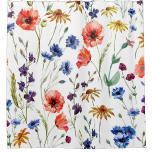 Wildflowers Watercolor Poppy Chamomile Background Shower Curtain