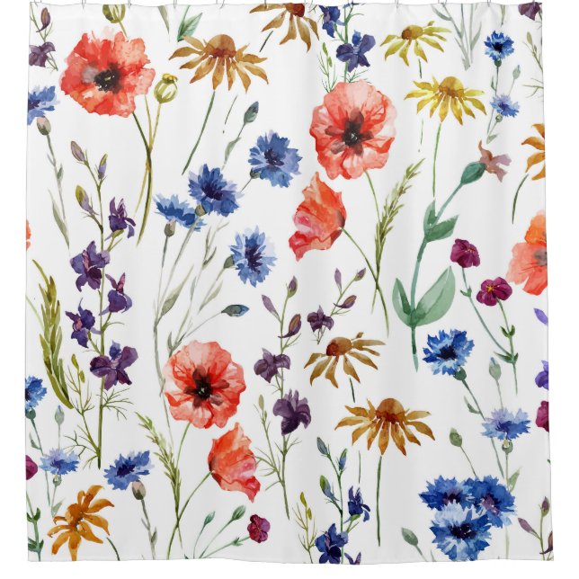 Wildflowers Watercolor Poppy Chamomile Background Shower Curtain (Front)