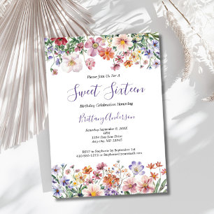 Wildflowers Watercolor Sweet Sixteen 16 Birthday Invitation