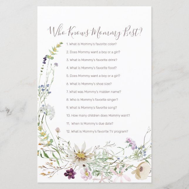 Wildflowers Watercolor Who Knows Mummy game (Front)
