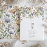 Wildflowers Wedding Table Number Card<br><div class="desc">Enhance your wedding décor with this stunning table number card, designed in a vintage Art Nouveau style. The card features an elegant array of wildflowers in delicate shades of soft pink, pastel blue, gentle greens, and warm peach, creating a graceful and timeless look. The cascading floral design at the top...</div>