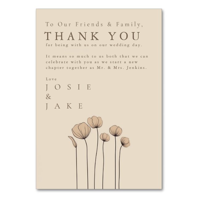 Wildflowers Wedding thank you guest Table Card (Front)