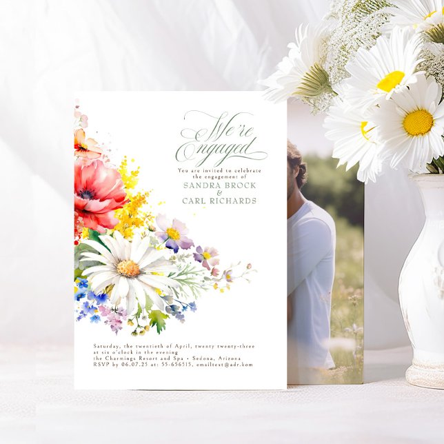 Wildflowers We're Engaged Engagement Party Photo Invitation (Engagement Photo Invitation featuring Wildflowers and Couple's Shot)