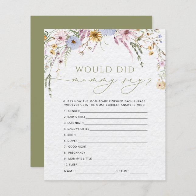 Wildflowers What Did Mummy Say Baby Shower Game (Front/Back)