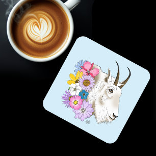 Wildflowers White Mountain Goat Nature Wildlife Square Paper Coaster
