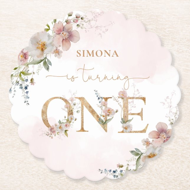 Wildflowers Wild One blush pink girl birthday Paper Coaster (Front)