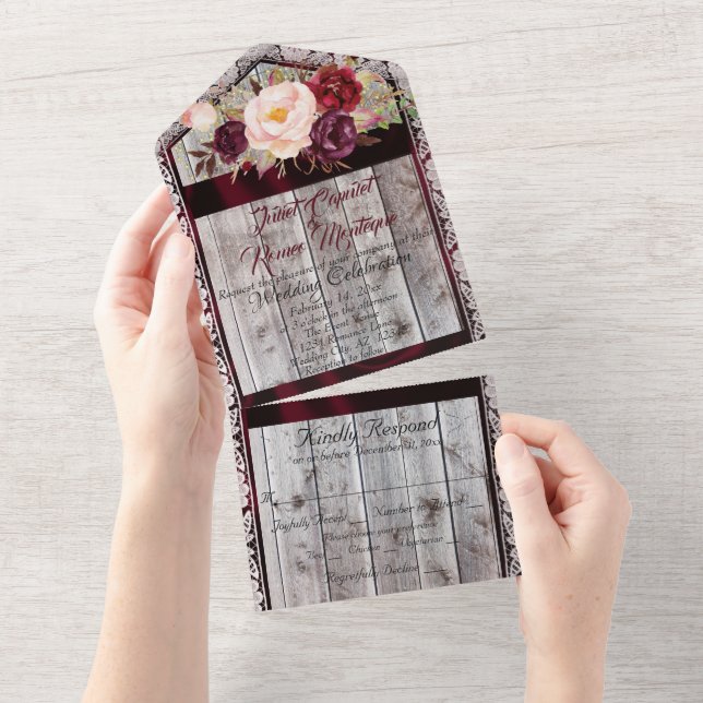 Wildflowers with Burgundy Ribbon, Lace & Lights All In One Invitation (Tearaway)