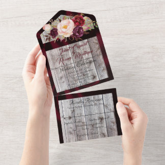 Wildflowers with Burgundy Ribbon & Lights Wedding  All In One Invitation