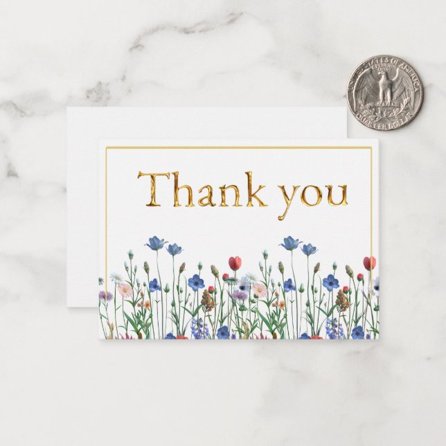 Wildflowers with Elegant Gold Script Thank you Card (Front/Back In Situ)