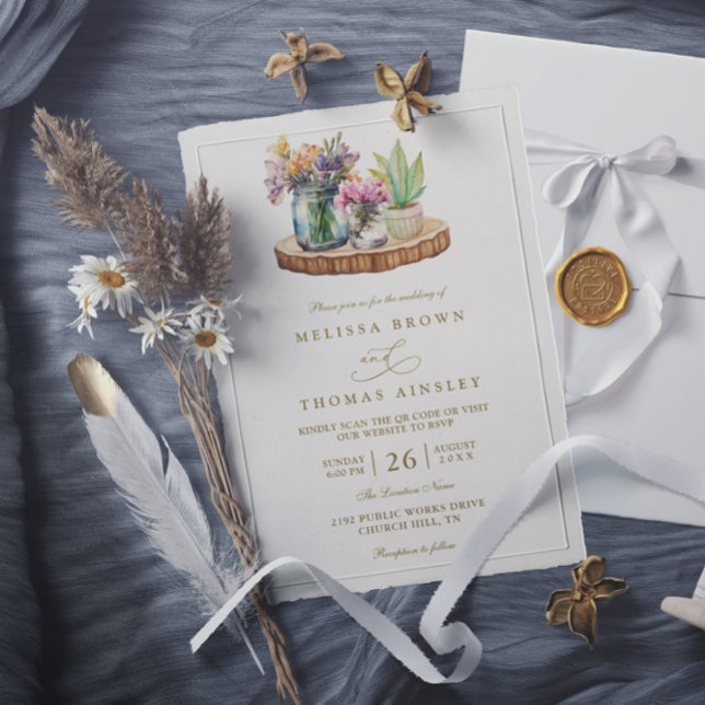 Wildflowers wood Mason Jars Boho QR Code Wedding Invitation (Creator Uploaded)