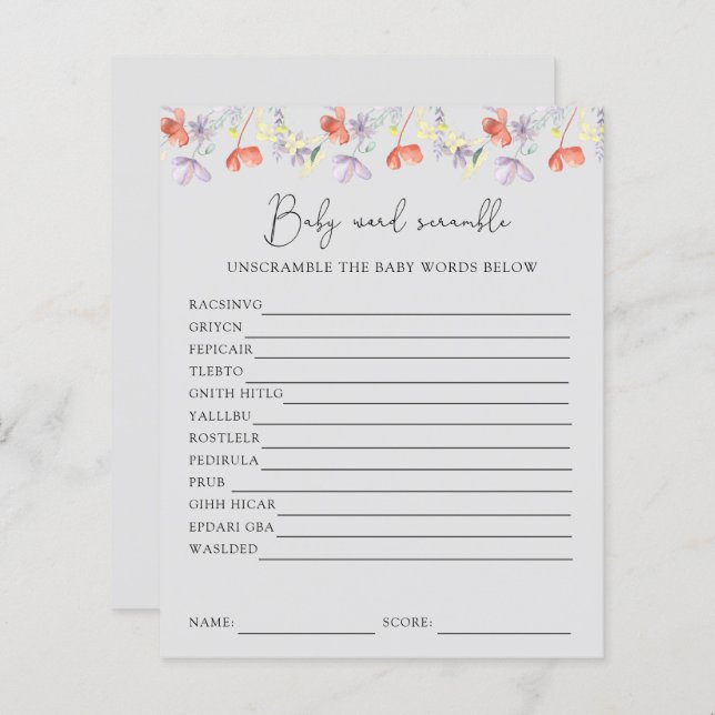 Wildflowers Word Scramble | Baby Shower Game (Front/Back)