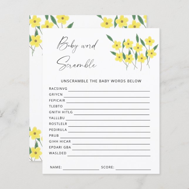 Wildflowers Word scramble baby shower game (Front/Back)
