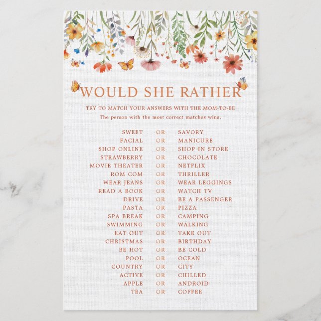 Wildflowers Would She Rather Baby Shower Game (Front)
