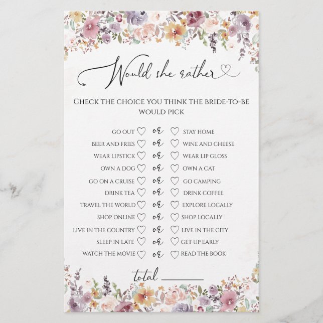 Wildflowers Would she rather bridal shower game (Front)