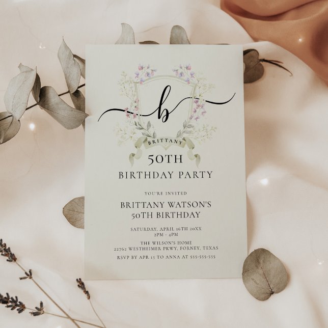 Wildflowers Wreath Elegant 50th Birthday Invitation (Creator Uploaded)
