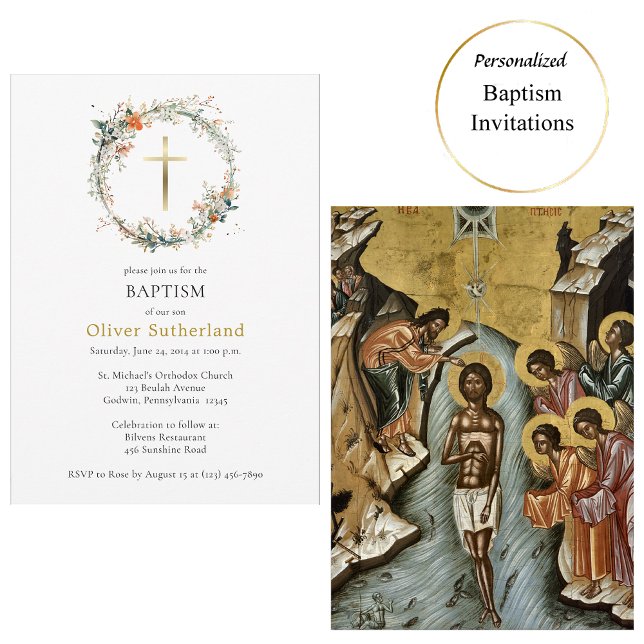 Wildflowers Wreath Gold Cross Orthodox Baptism Invitation (Creator Uploaded)