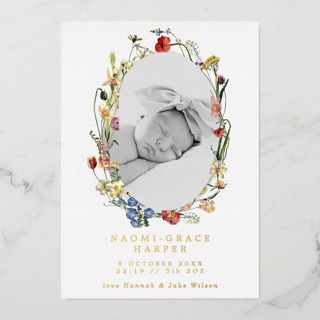Wildflowers Wreath Photo Birth Announcement Foil (Front)