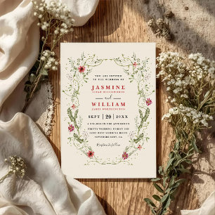 Wildflowers Wreath Red Flowers QR Code Wedding Invitation