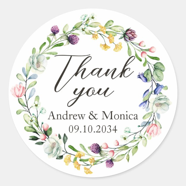 Wildflowers Wreath Wedding Favours Thank You Classic Round Sticker (Front)
