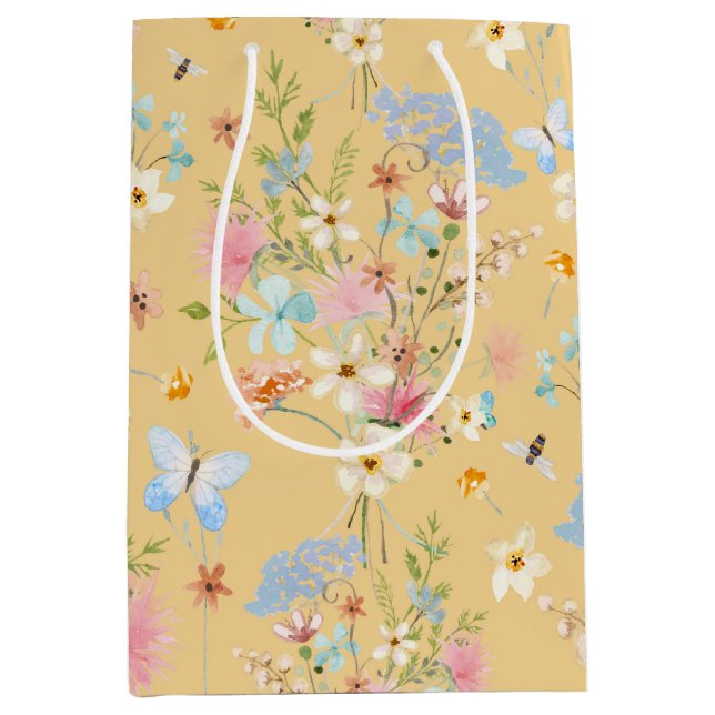 Wildflowers Yellow Floral Bee Butterfly Decoupage Medium Gift Bag (Front)