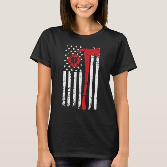 Wildland Firefighter Axe American Flag Fireman T-Shirt (Front)