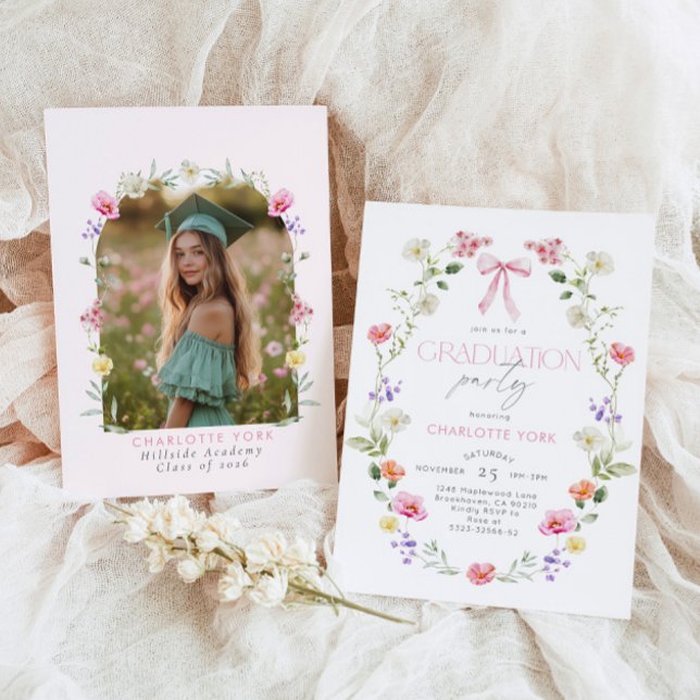 Wildlfower Graduation party Pink Bow Invitation (Creator Uploaded)