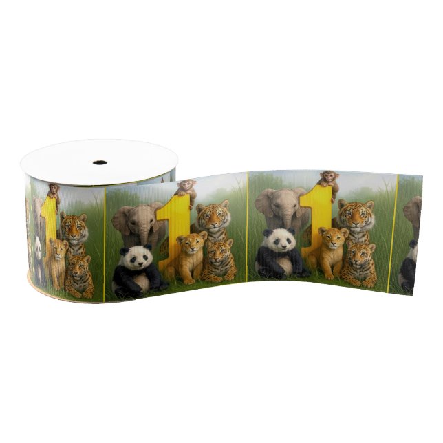 Wildlife Animal Babies With a Number One Grosgrain Ribbon (Spool)