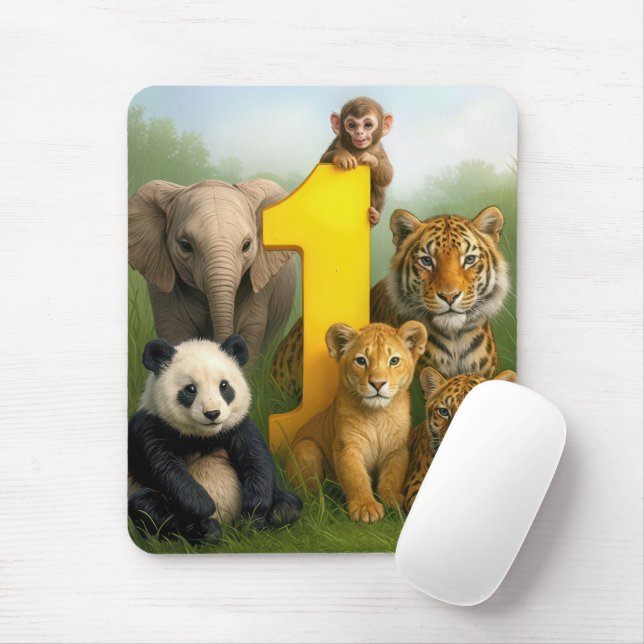 Wildlife Animal Babies With a Number One Mouse Mat (With Mouse)