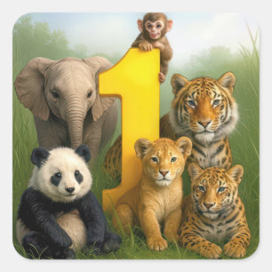 Wildlife Animal Babies With a Number One Square Sticker