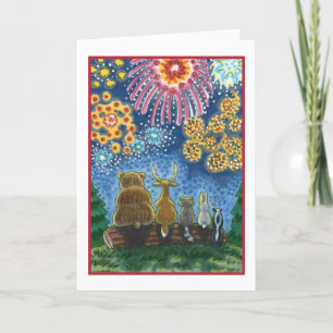 WILDLIFE ANIMALS 4TH OF JULY FIREWORKS, CUTE Blank Holiday Card