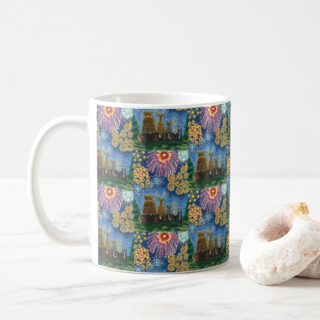 WILDLIFE ANIMALS 4TH OF JULY FIREWORKS, CUTE Funny Coffee Mug (With Donut)