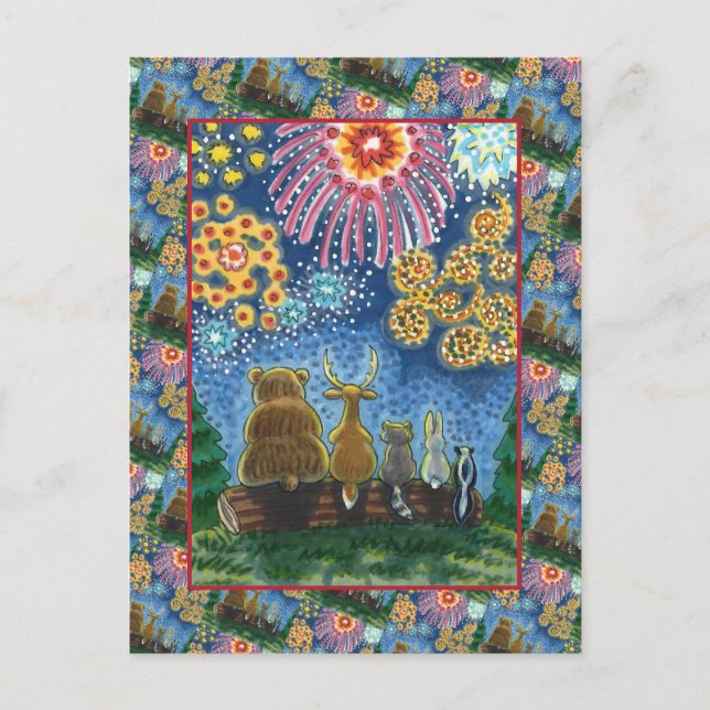 WILDLIFE ANIMALS 4TH OF JULY FIREWORKS, CUTE Funny Holiday Postcard (Front)
