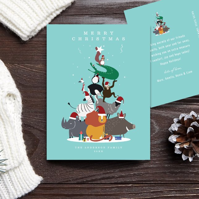 Wildlife Animals Christmas Tree Holiday Postcard (Wildlife Animals in a Christmas tree form with Christmas hats postcard)