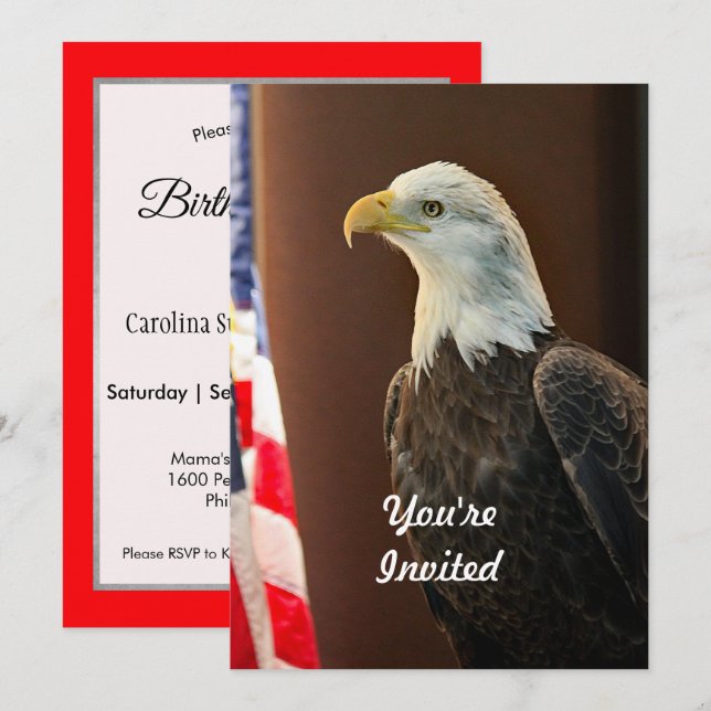 Wildlife Bald Eagle American Flag Photo Birthday Invitation (Front/Back)
