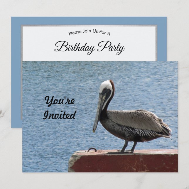 Wildlife Brown Pelican Water Photo Birthday Invitation (Front/Back)
